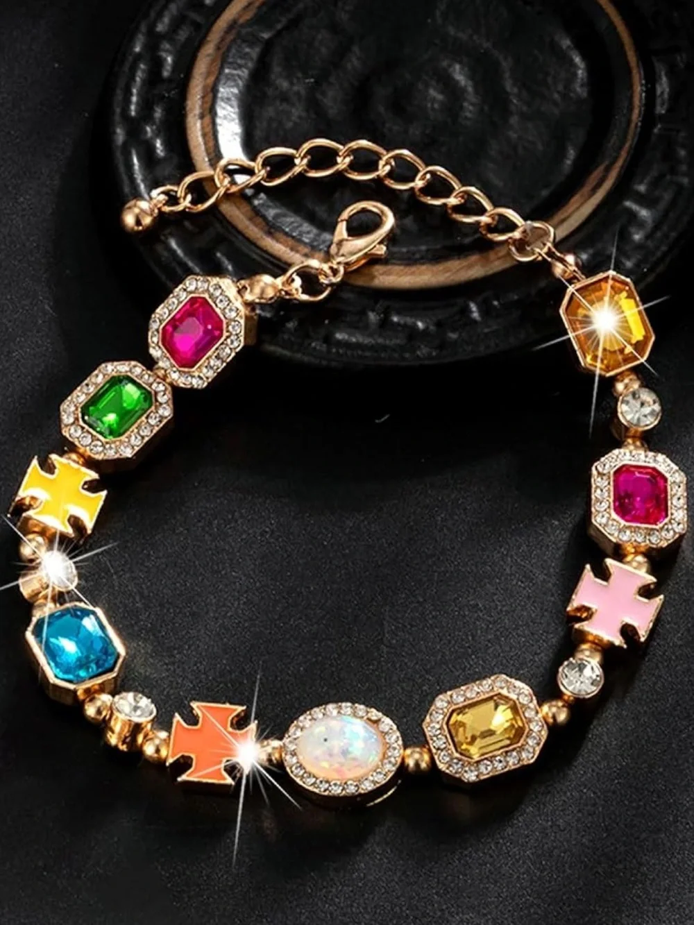 Anthropologie Gold-Tone Multicolor Gem & Cross Charm Bracelet